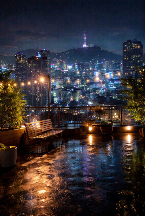 Rainy Seoul rooftop